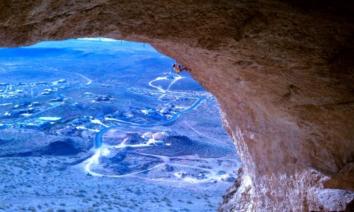 Dalton Bunker high in the Hurricave on Peregrination (14b). Photo: Chuck Odette